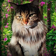 Louna a rejoint le concours — aidez-le/la à gagner de superbes lots ! animal, cat, close_up, cute, feline, flower, fur, garden, greenery, leaf, long_hair, nature, outdoor, peaceful, pet, pink_flower, plant, portrait, sitting, whiskers