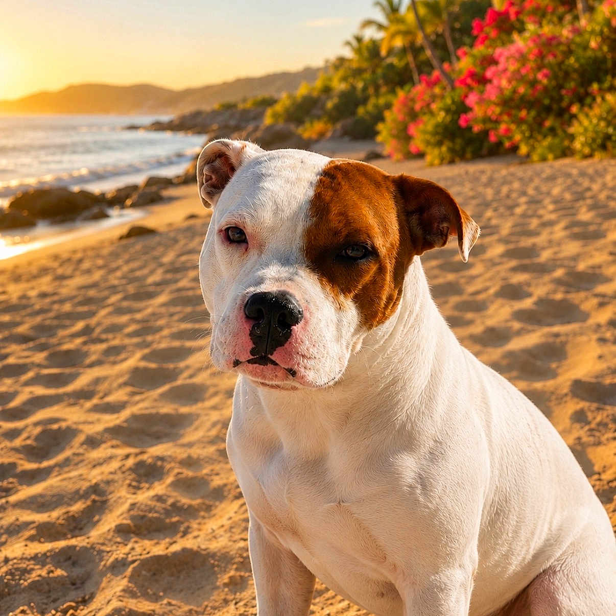 Atila a rejoint le concours — aidez-le/la à gagner de superbes lots ! dog, beach, sand, sunset, ocean, waves, tropical, flowers, palm_trees, portrait, outdoor, pet, animal, sunlight, nature, seaside, summer, relaxation, scenic, canine