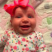 Paige is registered to the contest to win money with this photo: beauty, cheek, child, close_up, eye, face, facial_expression, girl, head, infant, lip, mouth, nose, pink, product, red, skin, smile, textile, toddler