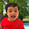 child, toddler, smiling, happy, red_shirt, face, mouth_open, outdoor, daylight, nature, greenery, hair, portrait, person, emotion, joy, expression, young, cute, playful