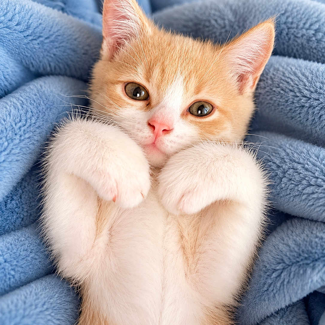 Timmy is registered to the contest to win money with this photo: cat, kitten, orange_cat, white_cat, fur, fluffy, paws, whiskers, ears, eyes, nose, portrait, close_up, indoor, blanket, blue_blanket, lying_down, cute, adorable, pet
