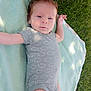 Hayes joined the competition — help win amazing prizes! baby, infant, towel, grass, onesie, outdoor, child, lying_down, patterned_clothing, soft_texture, sunlight, calm, portrait, skin, blue_eyes, small_hands, legs, barefoot, relaxing, nature