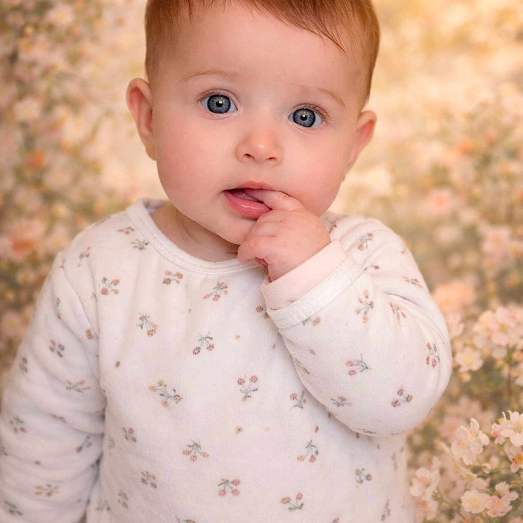 Lyah a rejoint le concours — aidez-le/la à gagner de superbes lots ! baby, infant, child, blue_eyes, onesie, flower_pattern, hand_on_mouth, portrait, soft_lighting, floral_background, cute, young, sitting, indoors, skin, face, head, expression, small_fingers, cozy
