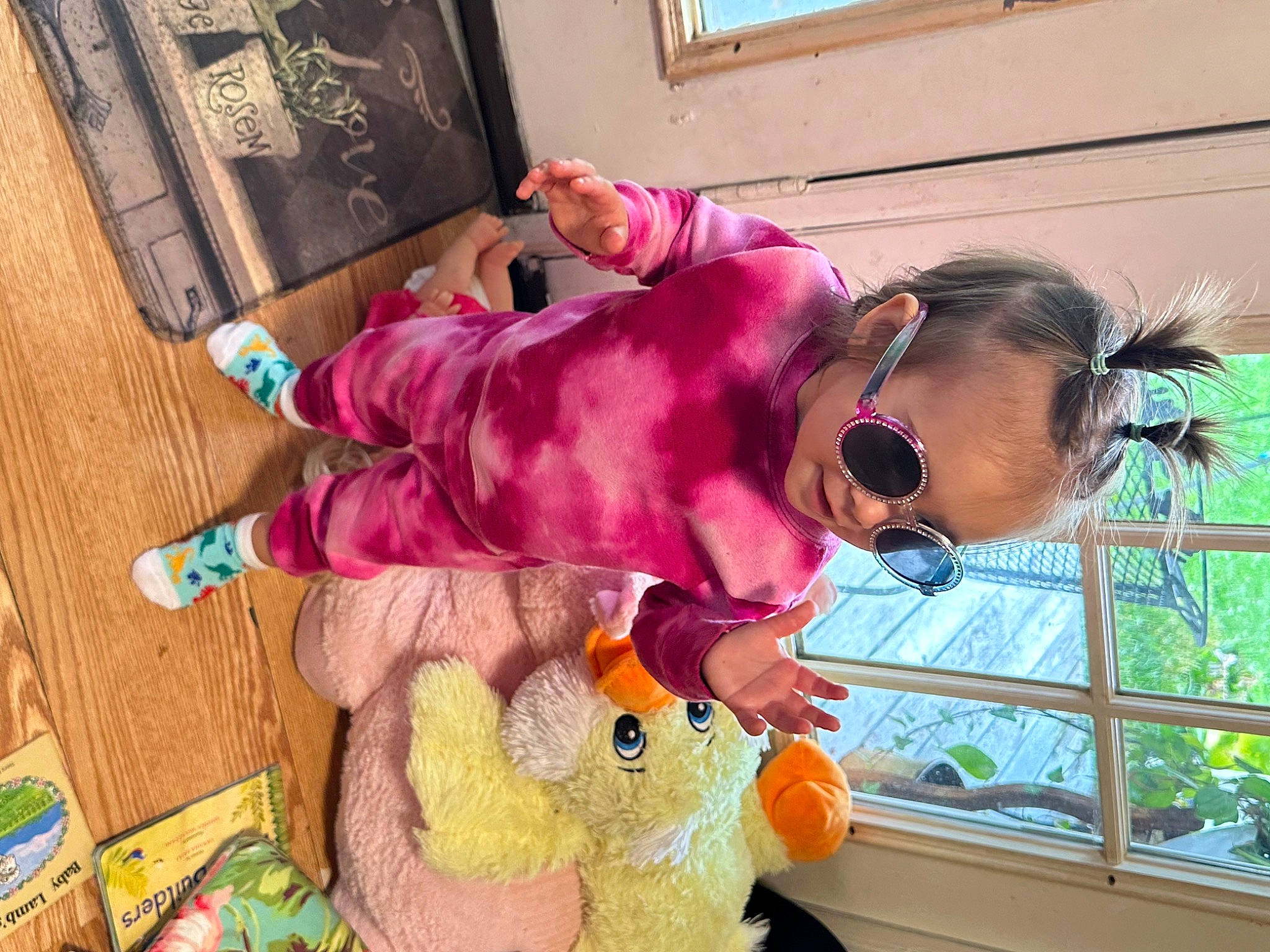 Brinley is registered to the contest to win money with this photo: child, eyewear, flooring, fun, fur, happy, leisure, magenta, mammal, organism, person, pink, plant, play, room, stuffed_toy, sunglasses, textile, toddler, toy