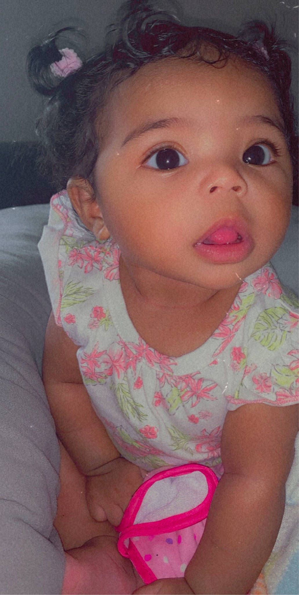 Leilah is registered to the contest to win money with this photo: baby, black_hair, cheek, child, chin, ear, eye, eyebrow, face, forehead, head, iris, lip, mouth, neck, nose, person, pink, skin, smile