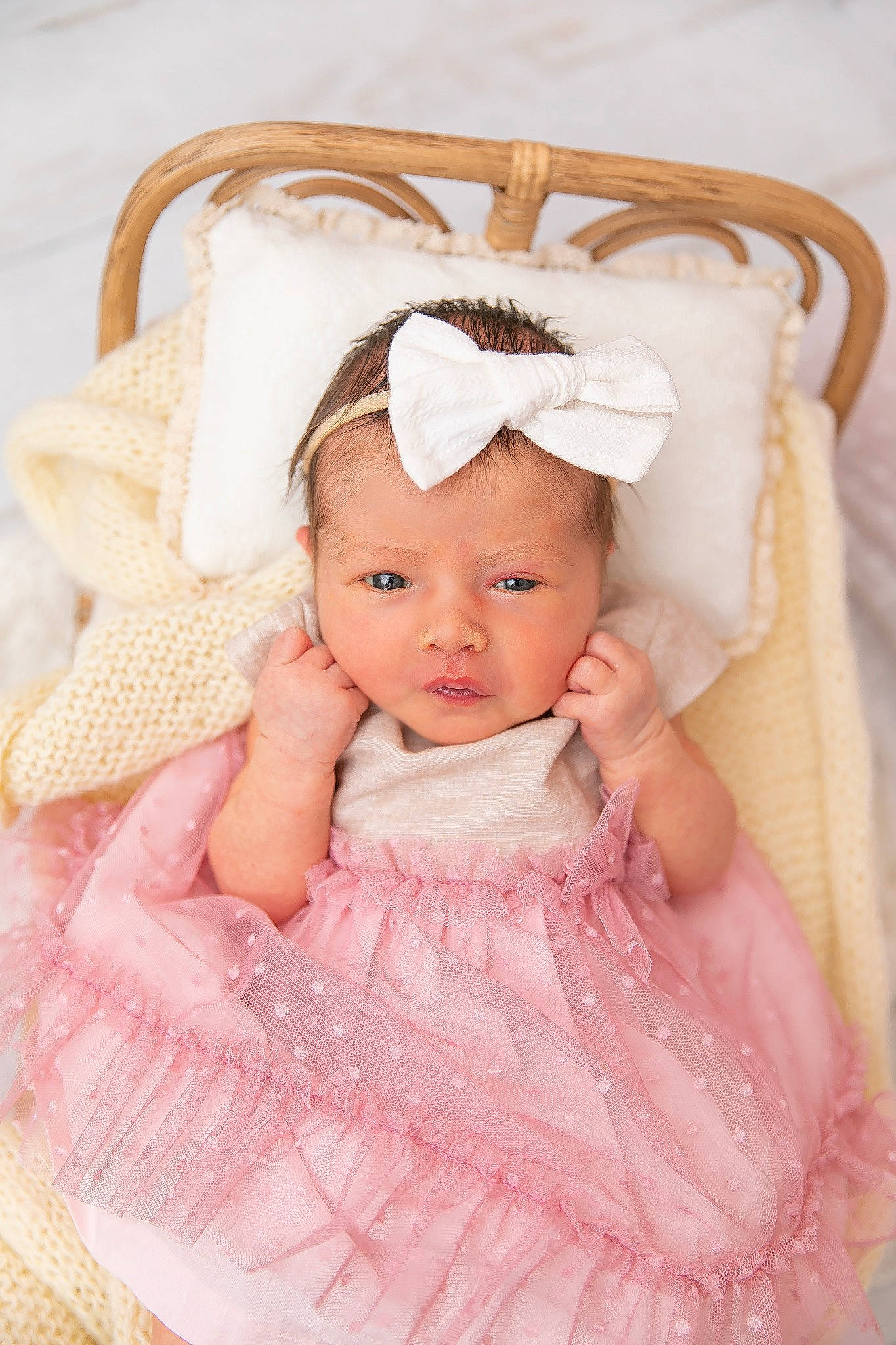 Briella joined the competition — help win amazing prizes! baby, baby_toddler_clothing, cheek, child, dress, embellishment, eye, eyelash, fashion_accessory, hair_accessory, headband, headgear, headpiece, headwear, iris, jewellery, person, pink, skin, sleeve