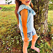 Harper is registered to the contest to win money with this photo: barefoot, casual_clothing, child, daylight, girl, grass, greenery, happy, leaves, moss, nature, outdoor, playful, posing, shorts, smiling, summer, top, tree, young