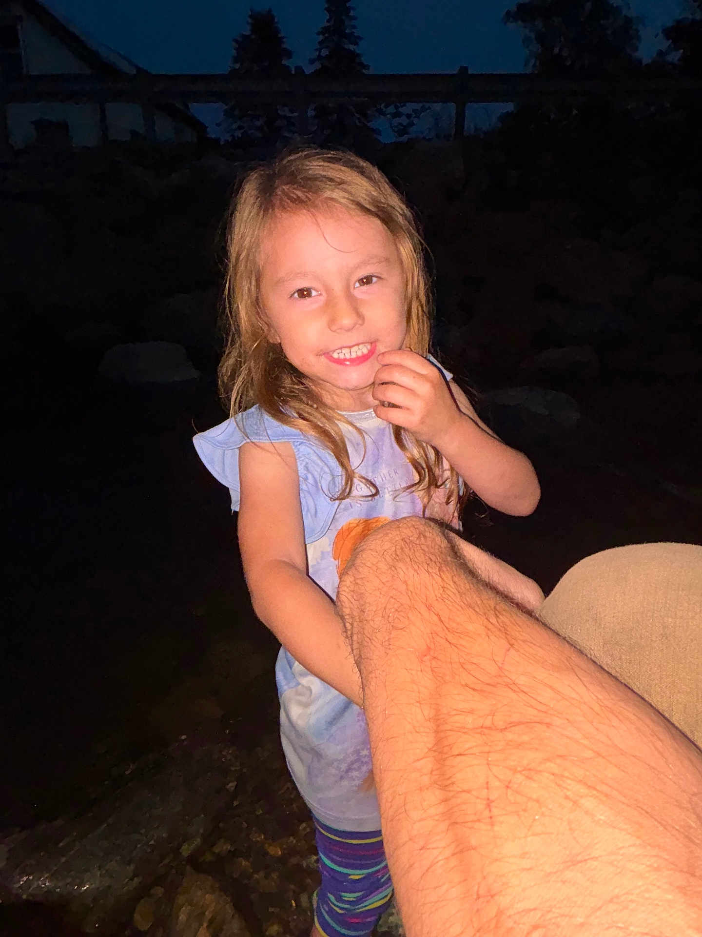 Febeah joined the competition — help win amazing prizes! child, smile, long_hair, night, outdoor, flash, leg, adult, holding, colorful_leggings, person, happy, casual_clothing, nature, dark_background, young, female_child, playful, cute, portrait