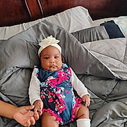 Iris joined the competition — help win amazing prizes! baby, bed, blanket, child, clothing, comfort, cute, face, flower, gray, hand, headband, holding_hand, indoor, infant, pajamas, person, pink, skin, socks