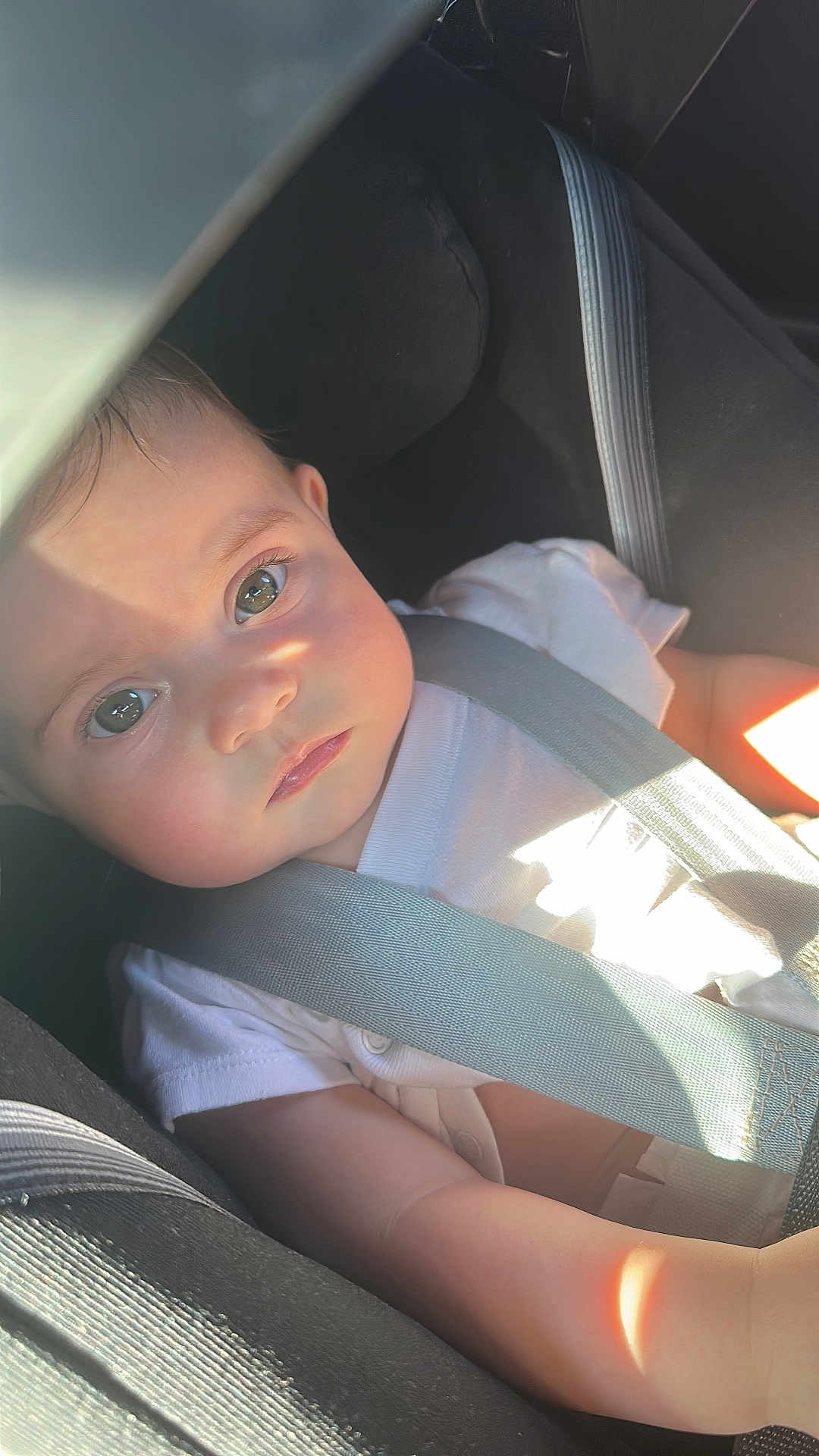 Chloe Anna is registered to the contest to win money with this photo: baby, child, car_seat, seatbelt, white_shirt, infant, face, eyes, arm, light, shadow, safety, vehicle, child_safety, cute, portrait, indoors, person, closeup, expression