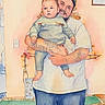 baby, man, child, father, christmas_tree, tattoos, indoor, home, toy, certificate, holding, clothing, jeans, sweatshirt, portrait, family, decor, feet, person, artistic