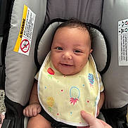 Mazahreon is registered to the contest to win money with this photo: baby, bib, car_seat, child, closeup, clothing, colorful, cute, face, hand, happy, head, indoor, infant, person, safety_harness, seat_belt, sitting, skin, smile
