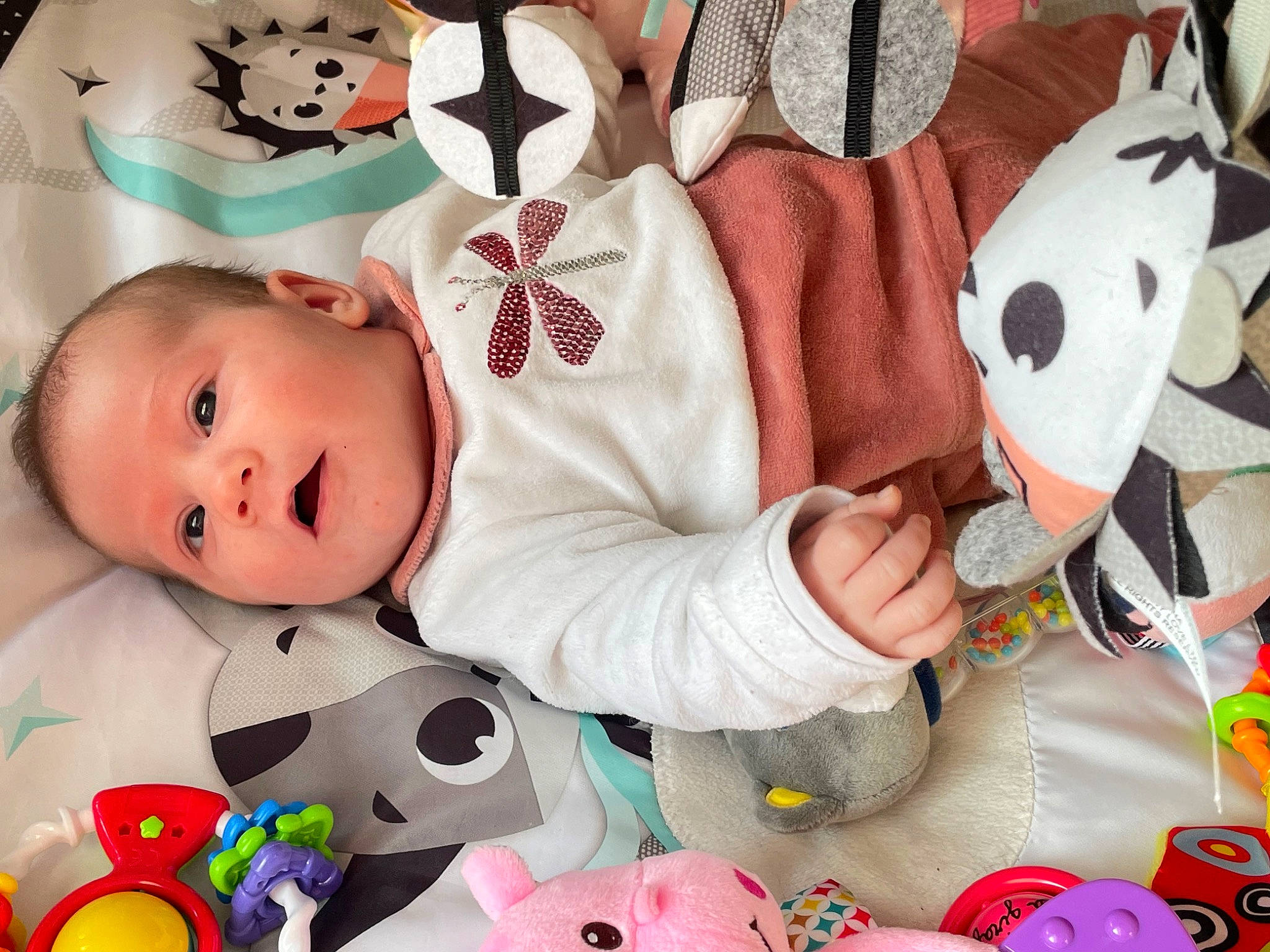élya a rejoint le concours — aidez-le/la à gagner de superbes lots ! baby, baby_toddler_clothing, baby_toys, carmine, cheek, child, comfort, facial_expression, happy, linens, pattern, person, pink, product, sleeve, smile, stuffed_toy, textile, toddler, vertebrate