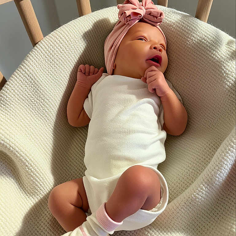 Anna is registered to the contest to win money with this photo: baby, infant, headband, pink, white_onesie, socks, blanket, knit, crib, wood, baby_girl, newborn, cute, cozy, sleeping_area, resting, soft, natural_light, portrait, child