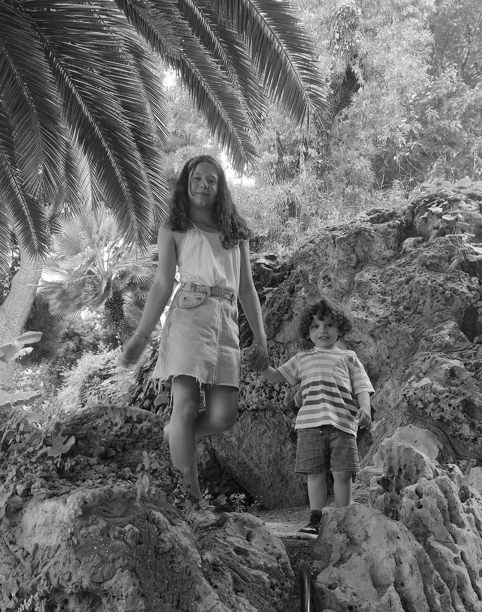 Lola participe au concours pour gagner de l'argent avec cette photo : arecales, bedrock, forest, fun, grass, joy, jungle, landscape, monochrome, monochrome_photography, palm_tree, people_in_nature, person, plant, recreation, rock, shorts, style, terrestrial_plant, tree