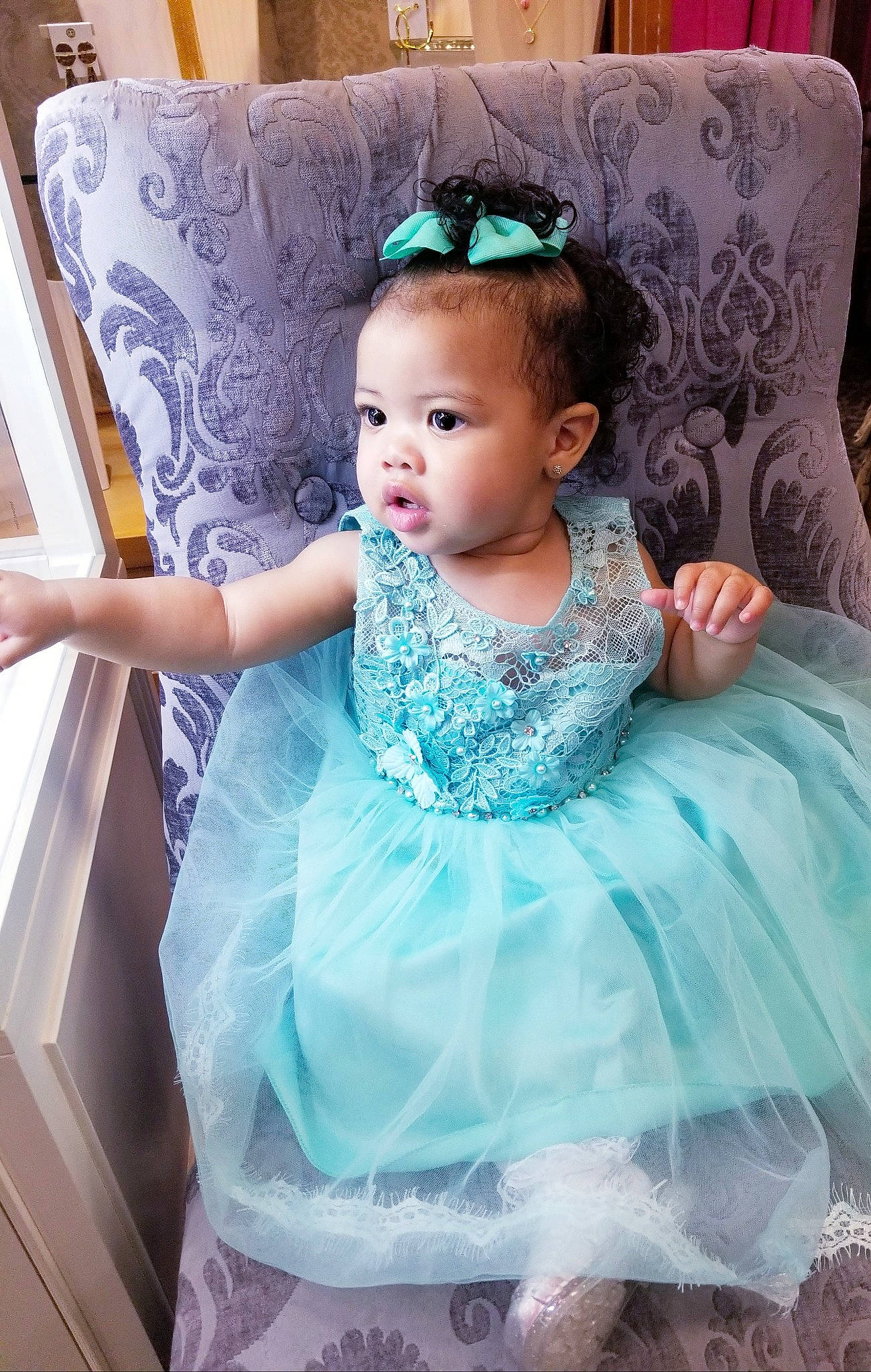 Kensleigh joined the competition — help win amazing prizes! aqua, baby, baby_toddler_clothing, blue, chair, child, clothing, costume, dress, hair_accessory, iris, person, pink, product, purple, skin, textile, toddler, turquoise