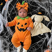 Haisley is registered to the contest to win money with this photo: baby, halloween, pumpkin_costume, spider_web, fake_cobweb, plastic_spider, candle, plush_toy, witch_hat, candy_corn, orange_clothing, white_socks, black_background, holiday, festive, cute, portrait, infant, costume, decor