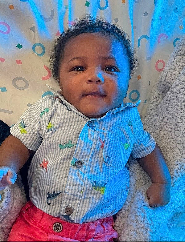 Koda joined the competition — help win amazing prizes! azure, baby, baby_toddler_clothing, blue, cheek, cool, face, fun, hairstyle, happy, head, nose, pattern, person, pink, purple, skin, sleeve, textile, toddler