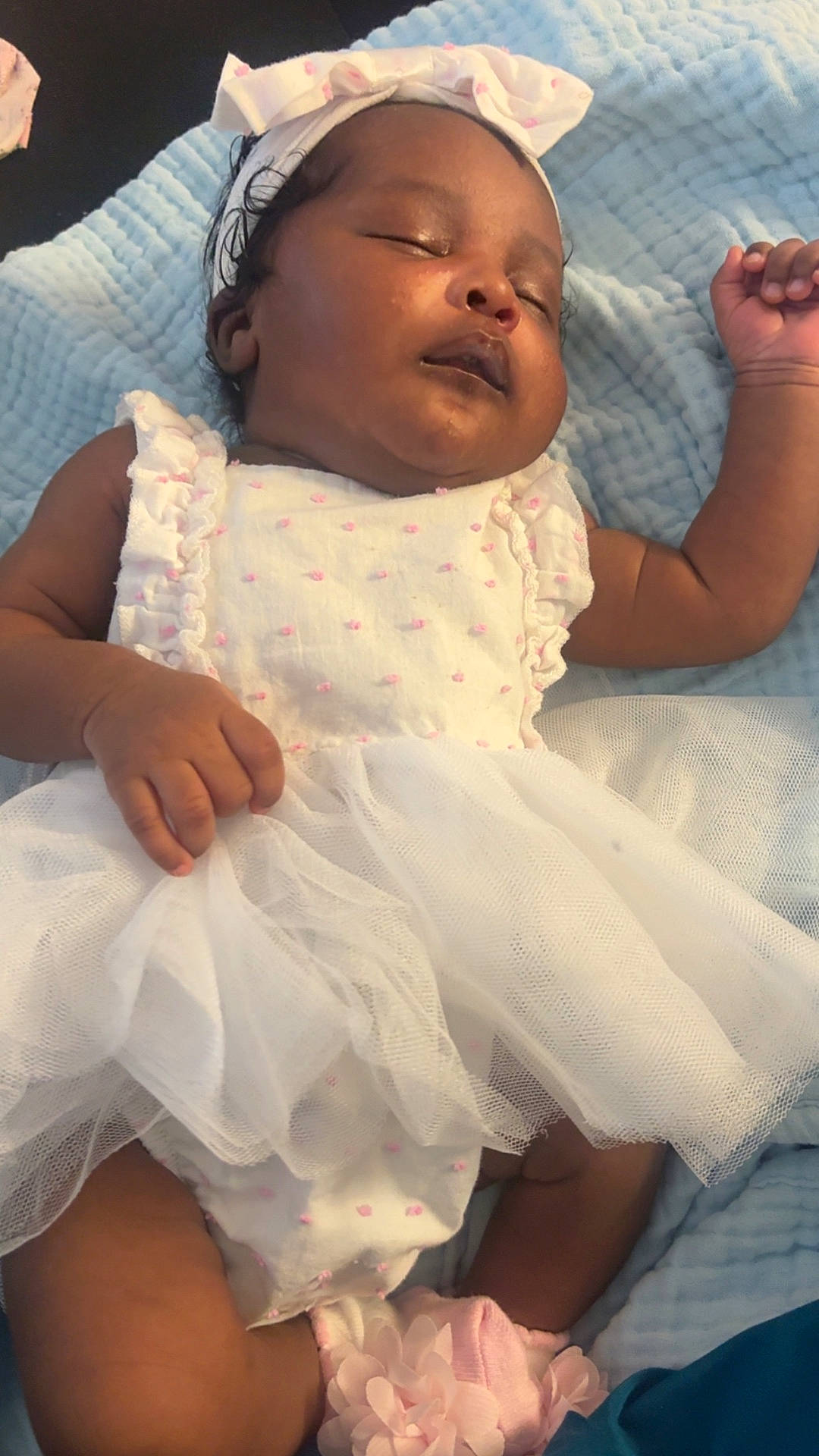Kori joined the competition — help win amazing prizes! baby, blanket, child, cozy, cute, footwear, girl, hand, headband, indoors, infant, newborn, peaceful, pink_socks, portrait, resting, sleeping, soft_texture, tutu, white_dress