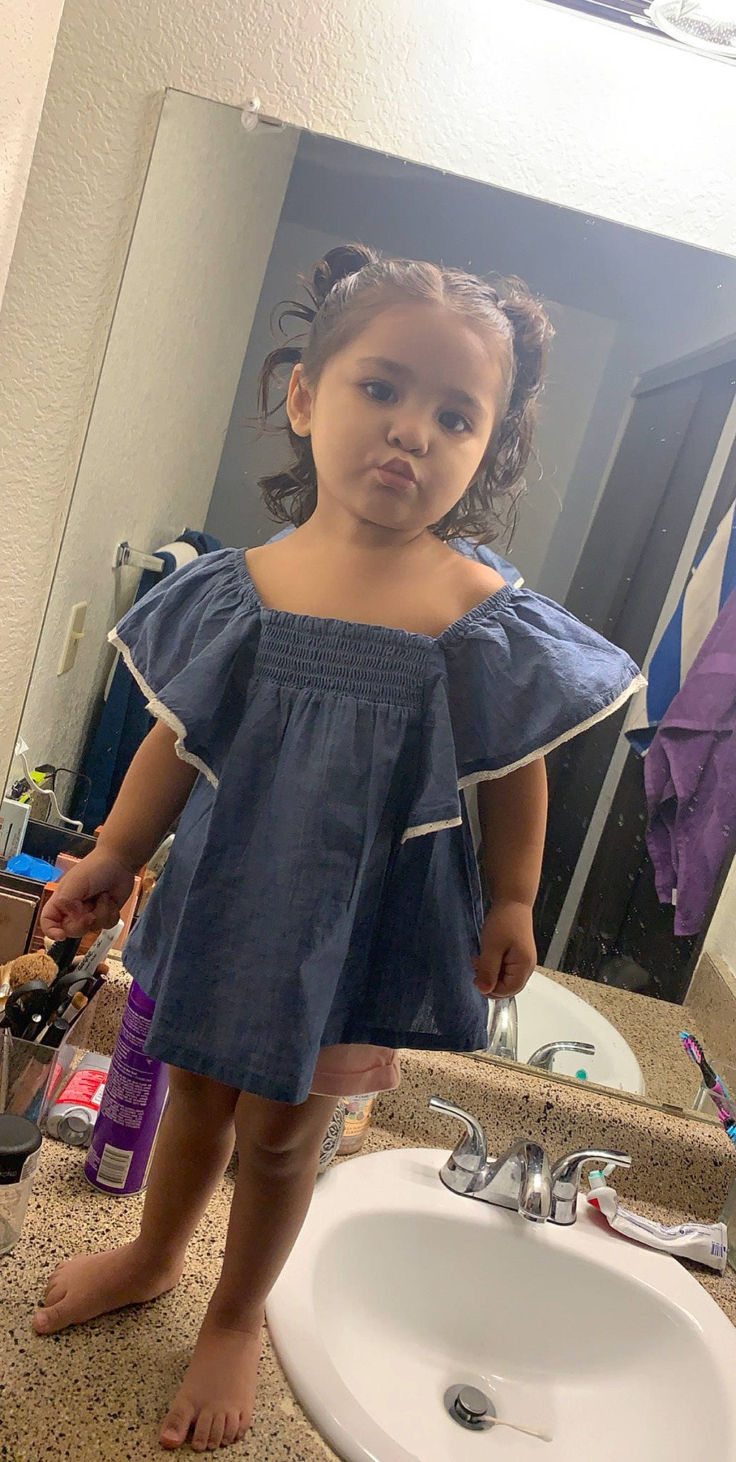 Angela joined the competition — help win amazing prizes! bathroom, bathroom_accessory, bathroom_sink, child_model, cocktail_dress, composite_material, day_dress, dress, embellishment, fluid, household_supply, one_piece_garment, person, plumbing, plumbing_fixture, porcelain, purple, shoulder, sink, tap