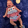 baby, infant, smiling, headband, dress, blue_blanket, wooden_plaque, milestone, happy, cute, footwear, sandals, red_white_blue, stars, stripes, lying_down, portrait, celebration, child, four_months
