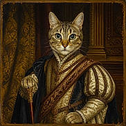 Misty a rejoint le concours — aidez-le/la à gagner de superbes lots ! cat, tabby_cat, animal, portrait, renaissance, royal, costume, ornate_clothing, historical, painting, digital_art, framed, cane, ceremonial, indoors, dramatic_lighting, patterned_fabric, regal, front_facing, humorous