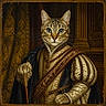 cat, tabby_cat, animal, portrait, renaissance, royal, costume, ornate_clothing, historical, painting, digital_art, framed, cane, ceremonial, indoors, dramatic_lighting, patterned_fabric, regal, front_facing, humorous