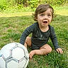 Jasmin is registered to the contest to win money with this photo: toddler, child, soccer_ball, grass, outdoor, happy, curly_hair, calvin_klein, clothing, playing, nature, greenery, smiling, sitting, person, sport, fun, daylight, casual, baby