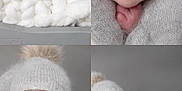 Kheylann a rejoint le concours — aidez-le/la à gagner de superbes lots ! baby, newborn, infant, collage, knit_hat, knit_outfit, blanket, bed, wool, grey_background, portrait, close_up, chunky_knit, cuddly, big_eyes, surprised, sleepy, hands, studio, soft_light