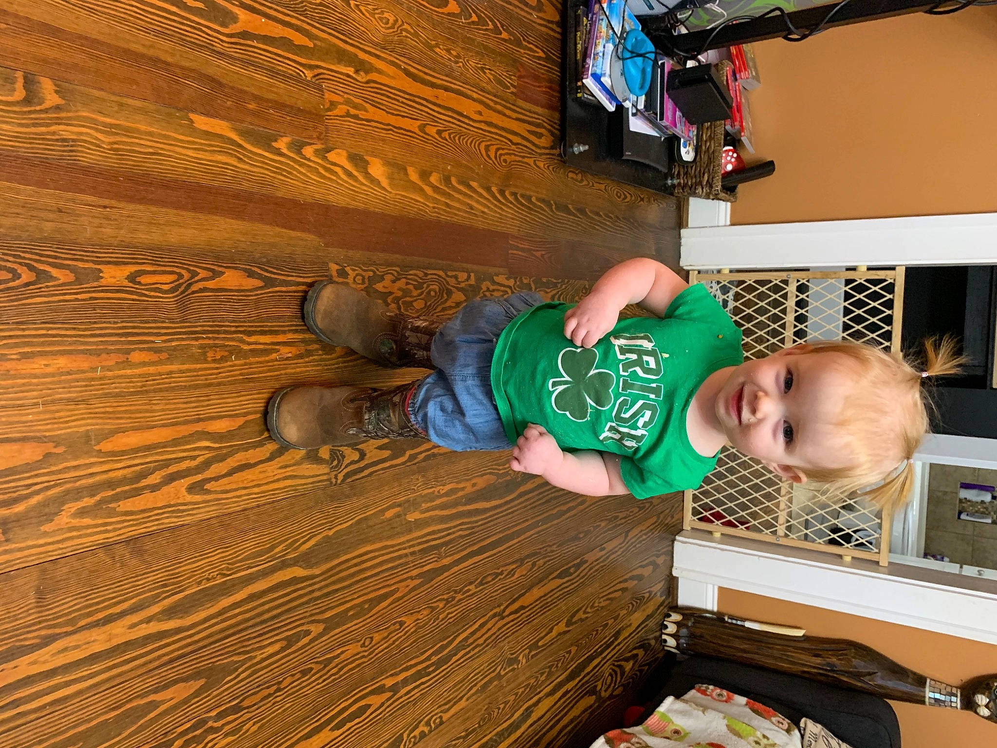Addison joined the competition — help win amazing prizes! baby, baby_toddler_clothing, child, floor, flooring, fun, hardwood, joy, laminate_flooring, leisure, person, plank, play, plywood, room, t_shirt, toddler, tree, varnish, wood