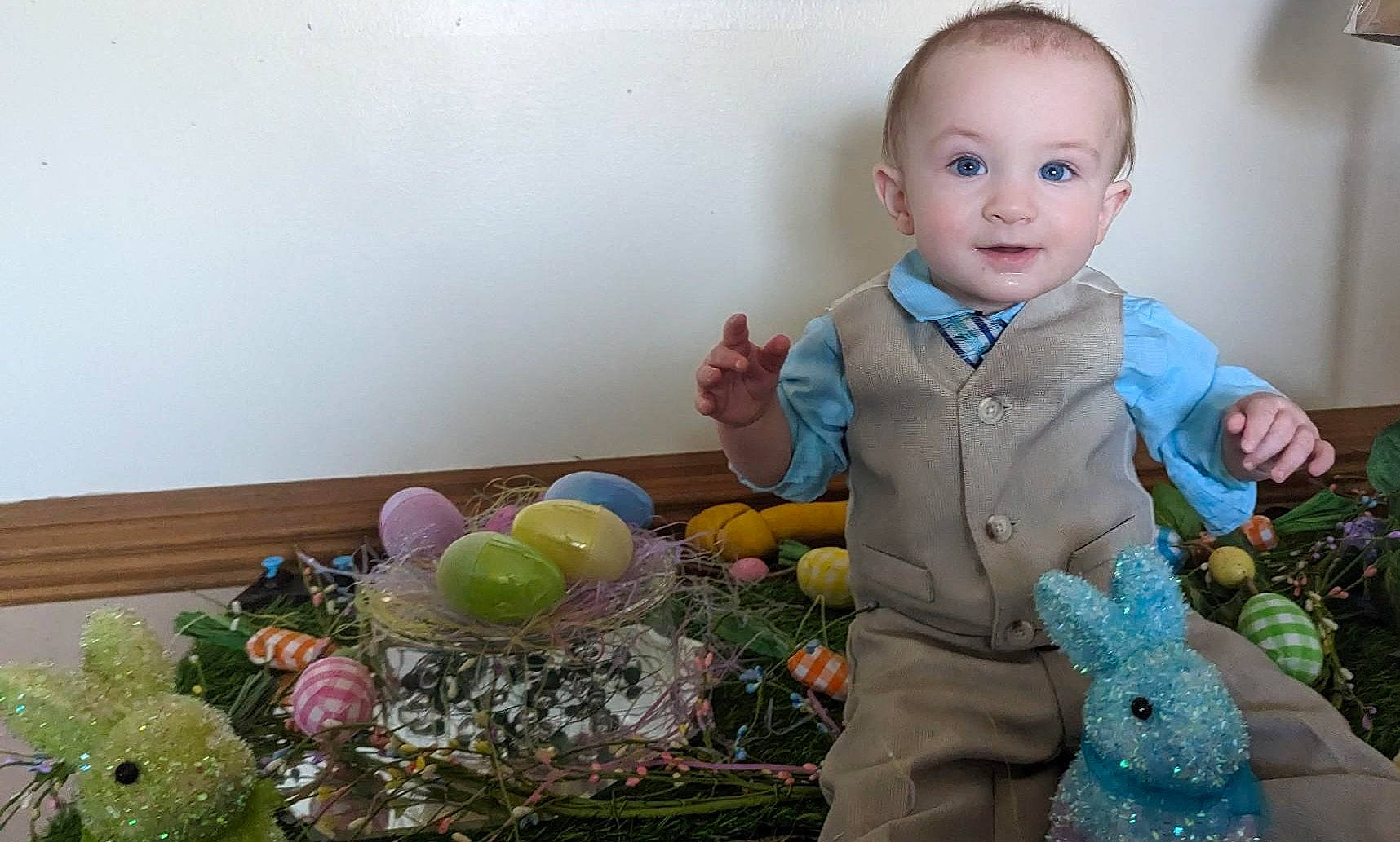 Joshua joined the competition — help win amazing prizes! baby, baby_products, baby_toddler_clothing, baby_toys, basket, child, comfort_food, doll, event, flower_arranging, fun, grass, happy, joy, person, plastic, room, sitting, smile, stuffed_toy