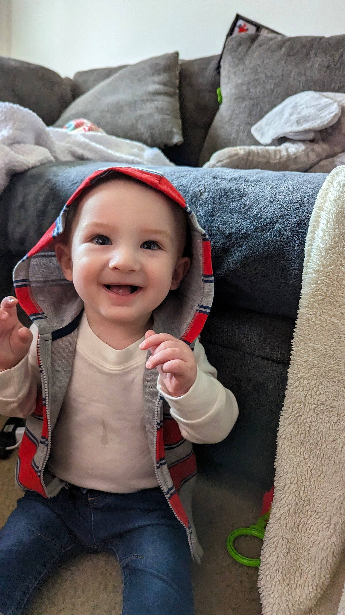 Joshua joined the competition — help win amazing prizes! baby, baby_carriage, baby_products, child, comfort, denim, fun, gesture, happy, headwear, jeans, joy, person, sitting, skin, sleeve, smile, thumb, toddler, tradition
