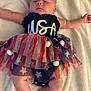 baby, infant, toddler, clothing, dress, headband, bow, usa, stars, stripes, red, white, blue, blanket, soft, cute, lying_down, arms_out, legs_bent, indoors