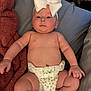 baby, infant, diaper, headband, bow, bed, blanket, sheet, skin, chubby, cute, lying_down, child, person, indoors, soft_texture, resting, newborn, small, pinkish_skin