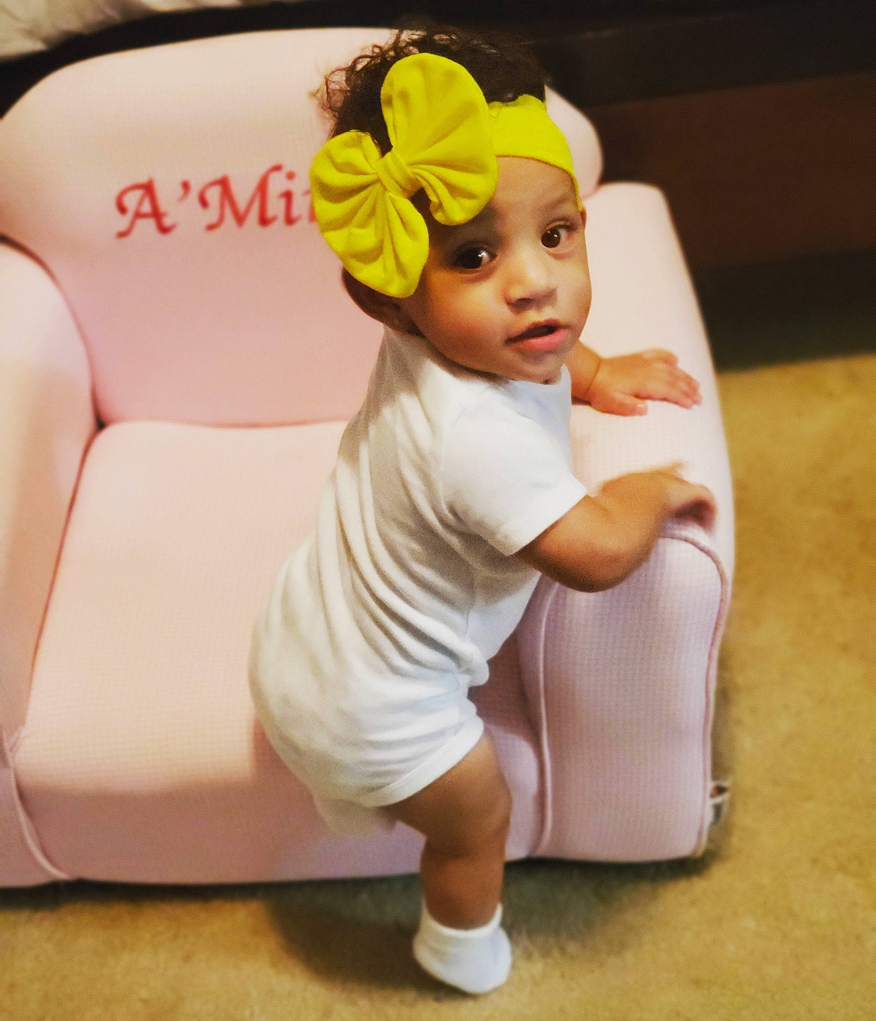 A'Miracle joined the competition — help win amazing prizes! cap, child, girl, hair_accessory, headband, headgear, headwear, infant, person, product, toddler, white, yellow