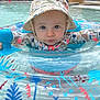 baby, child, pool, water, inflatable_ring, hat, swimming, summer, outdoor, blue, red, pattern, float, person, splash, play, fun, face, expression, sunhat