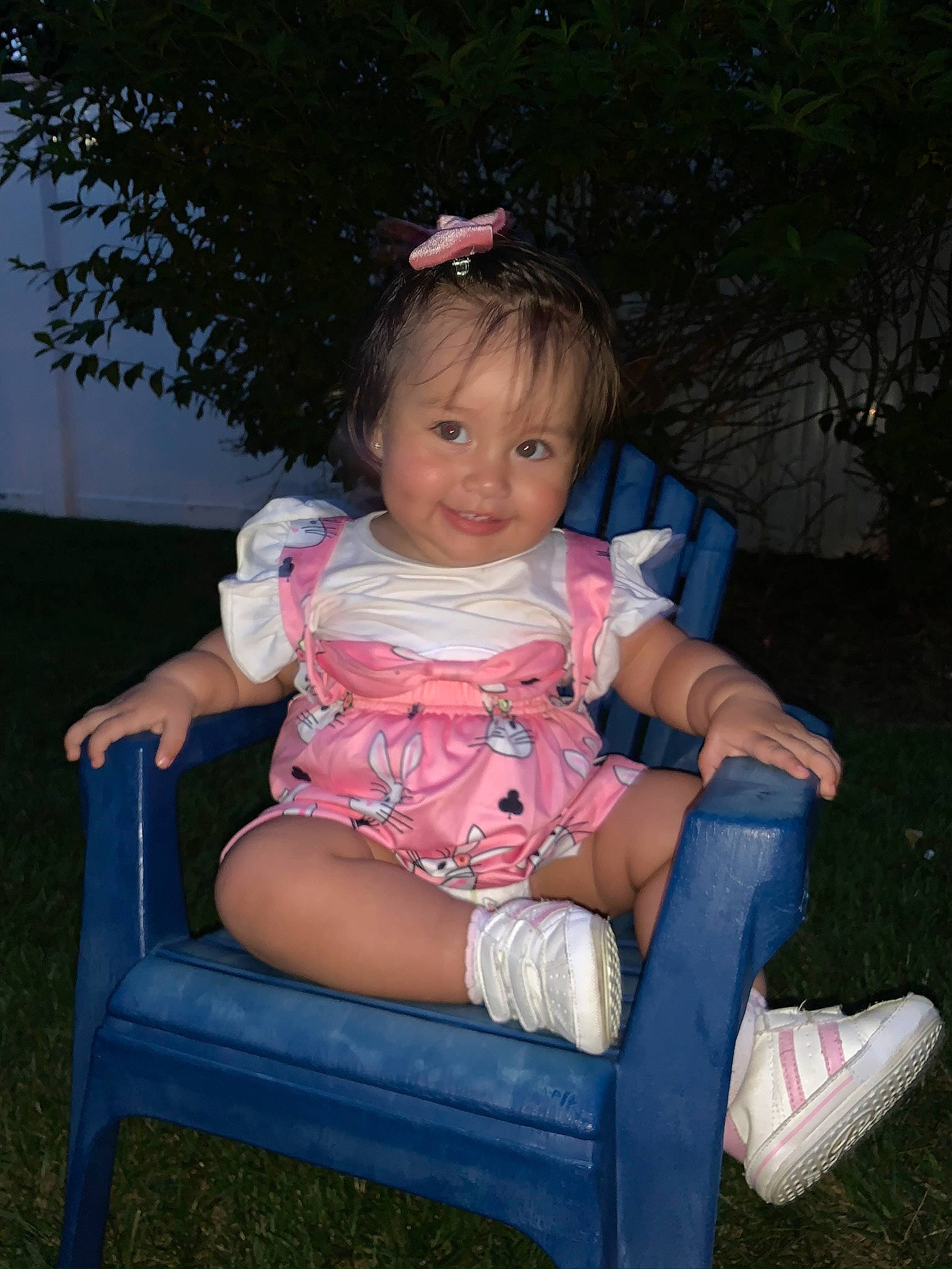Allyson joined the competition — help win amazing prizes! baby_toddler_clothing, chair, comfort, finger, fun, grass, happy, joy, lap, leg, leisure, magenta, person, pink, plant, sitting, skin, smile, summer, sunglasses