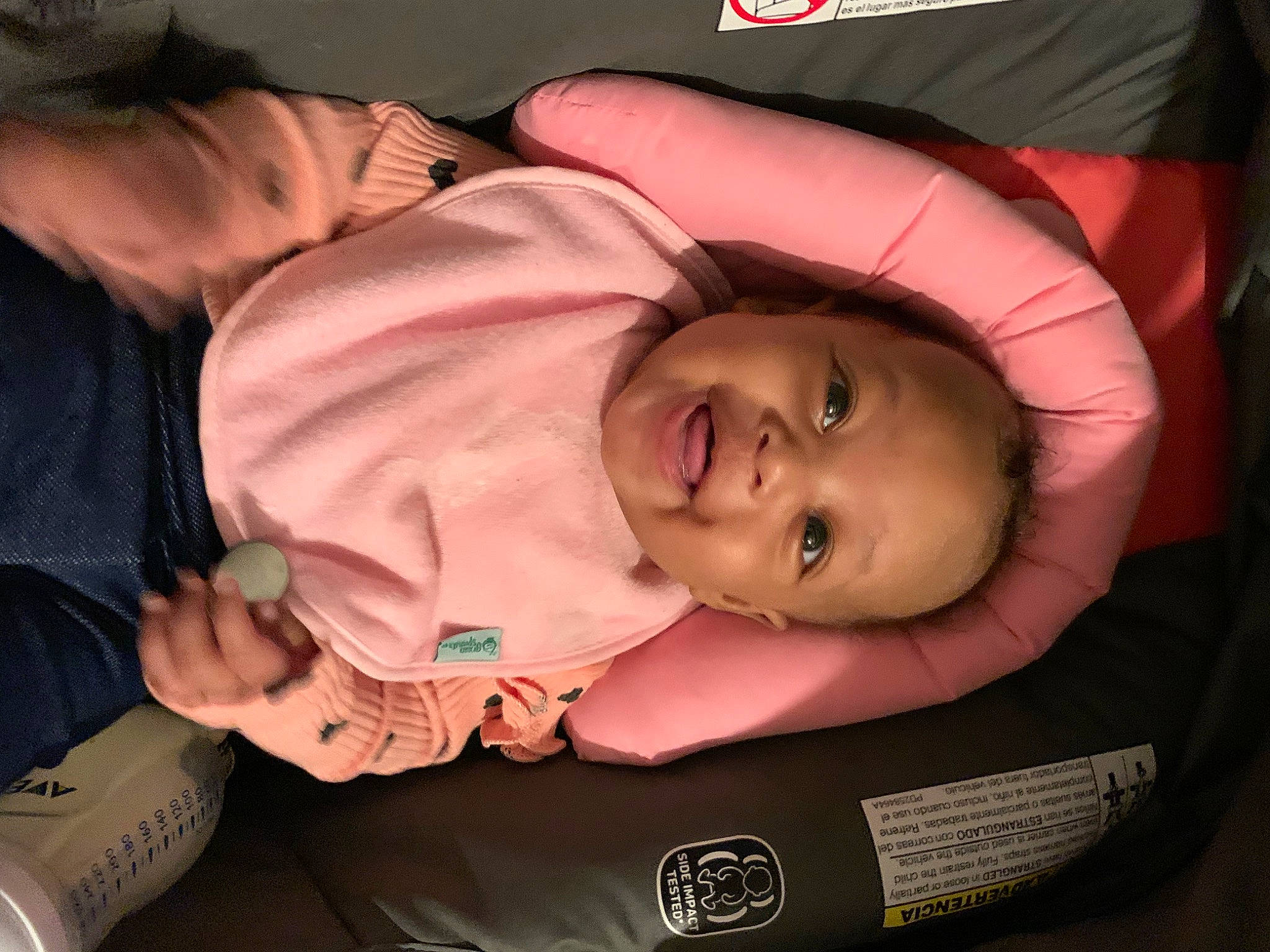 Aubreigh is registered to the contest to win money with this photo: baby, baby_carriage, baby_products, baby_toddler_clothing, bedtime, car_seat, cheek, child, comfort, fun, happy, mouth, nap, person, pink, room, sitting, skin, sleep, smile