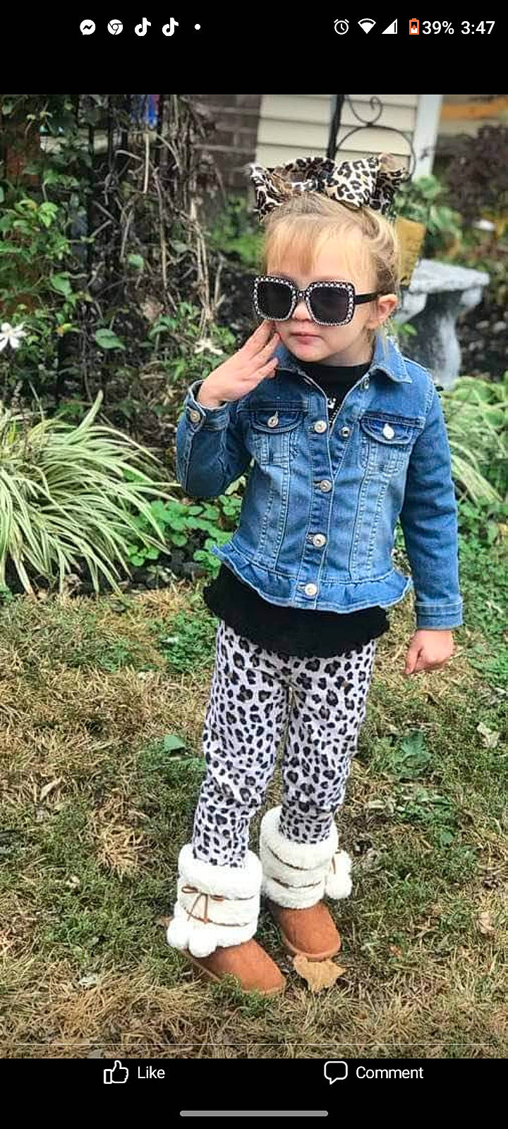 Leigha joined the competition — help win amazing prizes! baby_toddler_clothing, clothing, cool, denim, eyewear, goggles, grass, hairstyle, jacket, leaf, outerwear, people_in_nature, person, plant, shoe, sleeve, standing, sunglasses, t_shirt, tartan