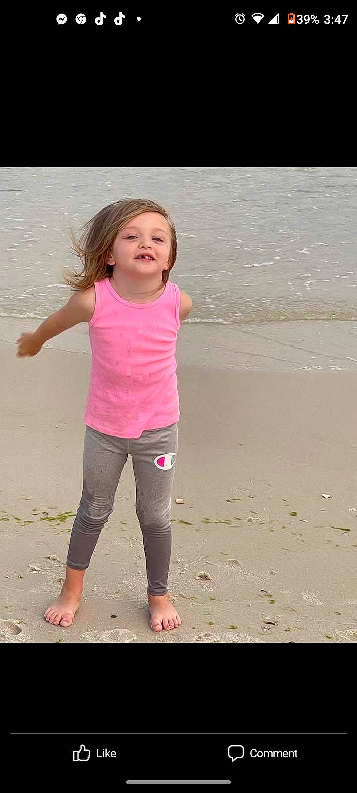 Leigha joined the competition — help win amazing prizes! active_pants, barefoot, beach, fun, gesture, happy, human_leg, knee, leggings, leisure, magenta, people_in_nature, person, sand, sleeve, sportswear, t_shirt, thigh, toddler, waist
