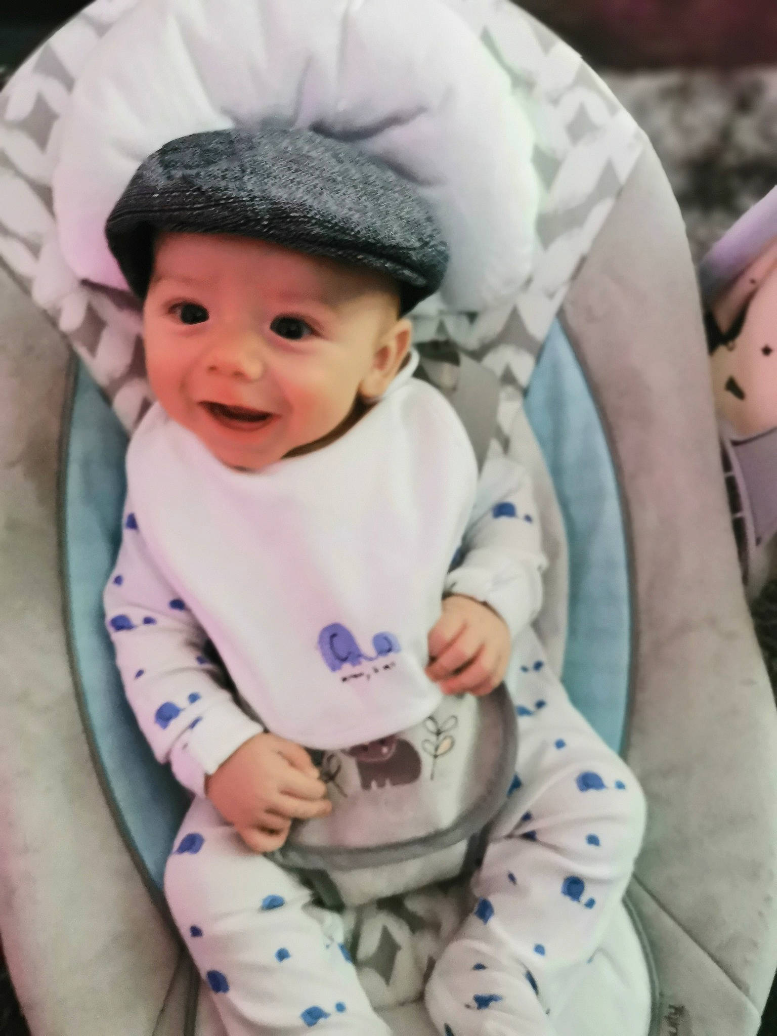 Jaxson joined the competition — help win amazing prizes! baby, baby_laughing, baby_products, baby_toddler_clothing, bib, bonnet, cheek, child, costume_accessory, costume_hat, facial_expression, headwear, person, skin, sleeve, toddler