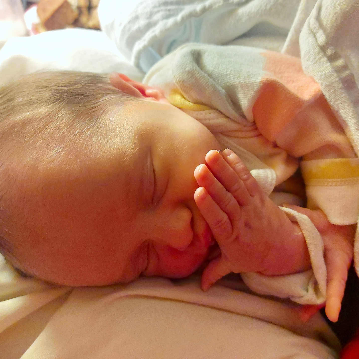 Evelynn is registered to the contest to win money with this photo: baby, blanket, child, closeup, comfort, cozy, cute, face, hand, indoors, infant, newborn, peaceful, portrait, resting, skin, sleeping, soft_lighting, toddler, warm