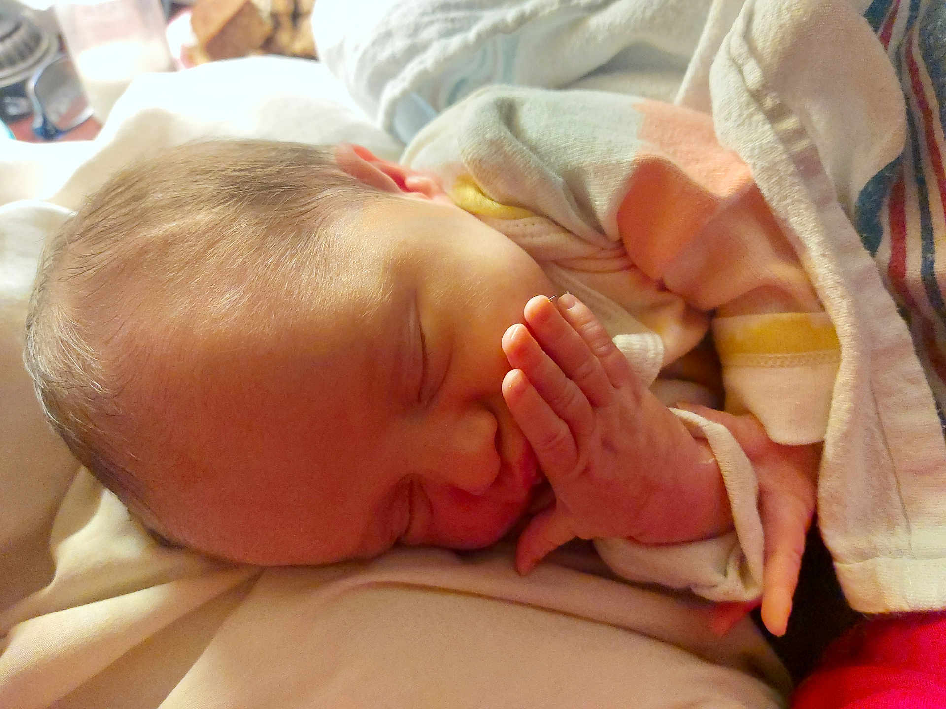 Evelynn is registered to the contest to win money with this photo: baby, sleeping, blanket, hand, face, infant, cozy, soft_lighting, closeup, peaceful, newborn, skin, child, resting, cute, portrait, indoors, warm, comfort, toddler