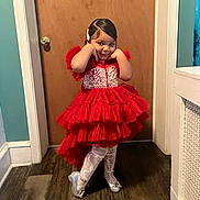 Amiri joined the competition — help win amazing prizes! child, girl, red_dress, posing, smiling, indoor, wooden_floor, door, white_tights, silver_shoes, playful, cute, happy, fashion, portrait, home, flooring, wall, hair_clip, young