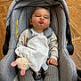 Alban participe au concours pour gagner de l'argent avec cette photo : baby, car_seat, pouting, plush_toy, gray, wooden_floor, socks, pants, long_sleeve_shirt, child, cute, indoor, infant, seatbelt, soft_toy, expression, person, flooring, casual_clothing, adorable