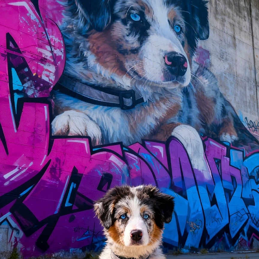 Angel Of Peace participe au concours pour gagner de l'argent avec cette photo : art, blue_eyes, collar, colorful, concrete, cute, daytime, dog, graffiti, mural, outdoor, painting, portrait, puppy, sitting, street_art, sunlight, urban, wall, young_dog
