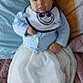 Anastasia a rejoint le concours — aidez-le/la à gagner de superbes lots ! baby, bed, bib, blanket, blue_cardigan, child, clothing, cute, face, indoors, infant, lying_down, person, pillow, portrait, sleepwear, smiling, toddler, white_skirt, young_child