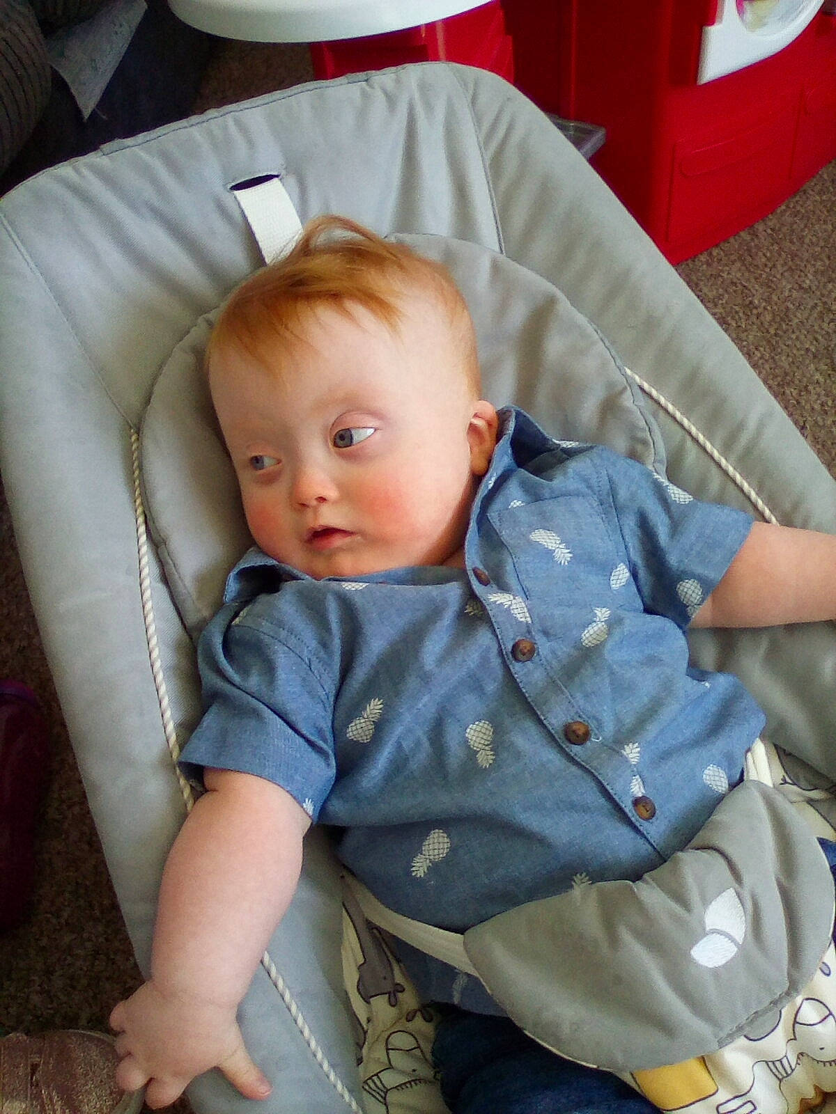 Malachy joined the competition — help win amazing prizes! baby, baby_carriage, baby_products, baby_toddler_clothing, chair, cheek, child, comfort, couch, electric_blue, eye, fun, hairstyle, lap, person, sitting, skin, sleeve, thigh, toddler
