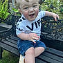 toddler, child, bench, garden, greenery, plants, smiling, happy, outdoor, shorts, shirt, footwear, grass, daylight, person, nature, casual, cute, joyful, portrait