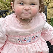 Lily Rose joined the competition — help win amazing prizes! toddler, child, pink_dress, bow, outdoor, garden, bench, greenery, face, expression, cute, person, portrait, young_child, grass, plants, nature, baby, clothing, sitting